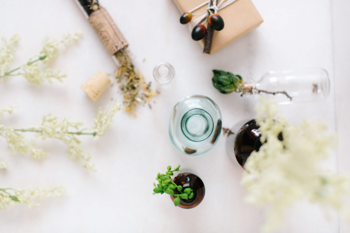 Eco-friendly plants and glass bottles